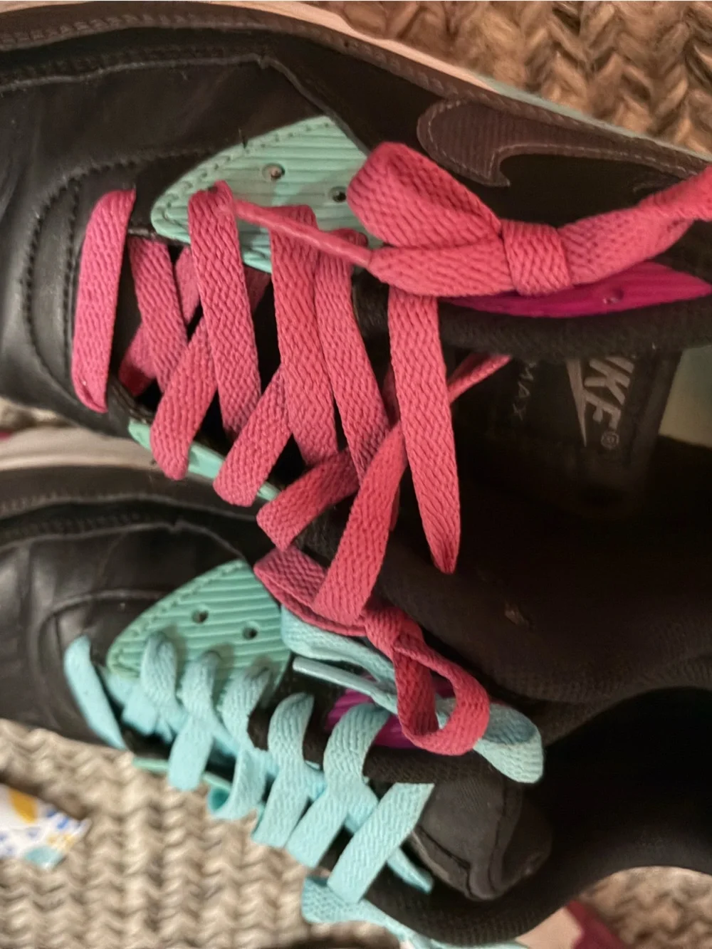 Nike air max 90s size 7 youth Black Sneakers with Pink and Light Blue Laces